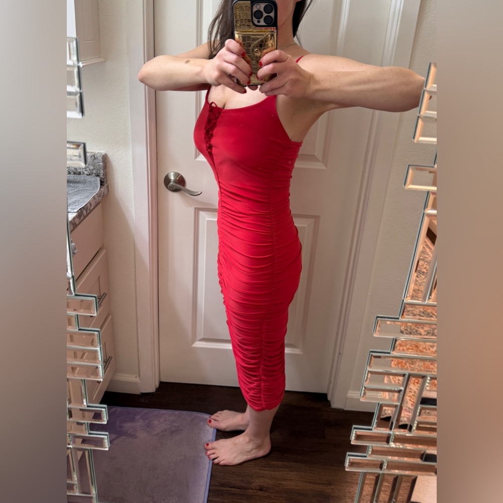 Red ❤️, Slim-fit, Ruched, Midi Dress. Size 8. Corset-lace top.